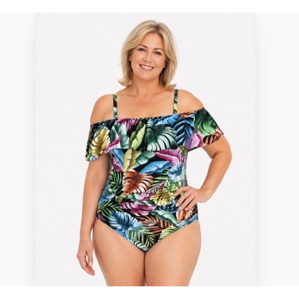 SWIM SOLUTIONS One Piece Swimsuit Evening Black Multi Palm Leaf Sz 18W $99 NWT